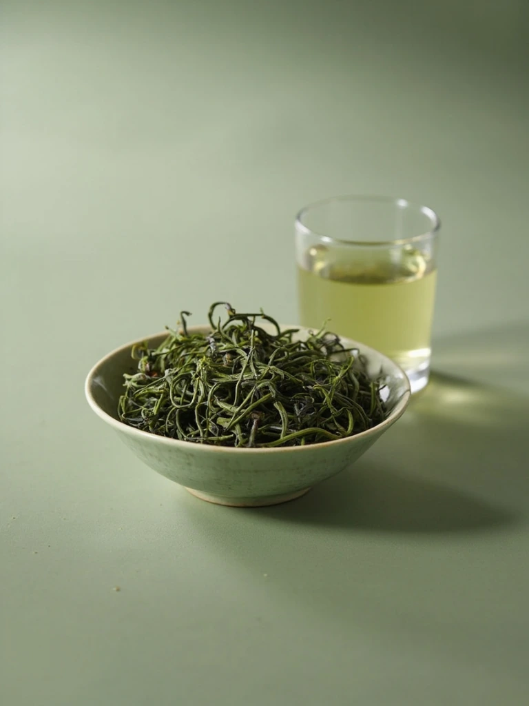 Slender curved Mao Feng green tea leaves in a celadon dish