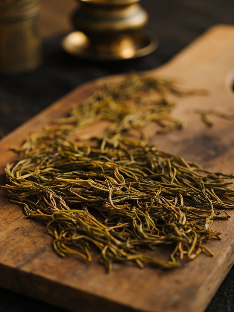 Long golden buds of Dianhong Golden Needle laid on a cedar board