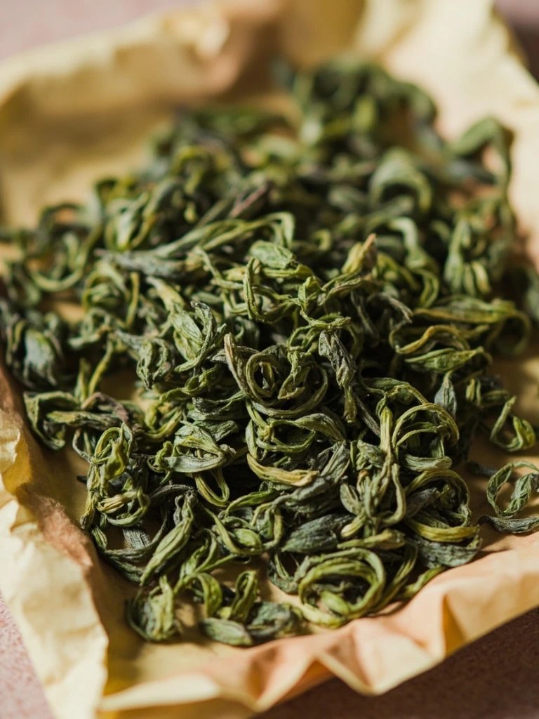 Bi Luo Chun green tea leaves rolled into delicate coils on a clay tray