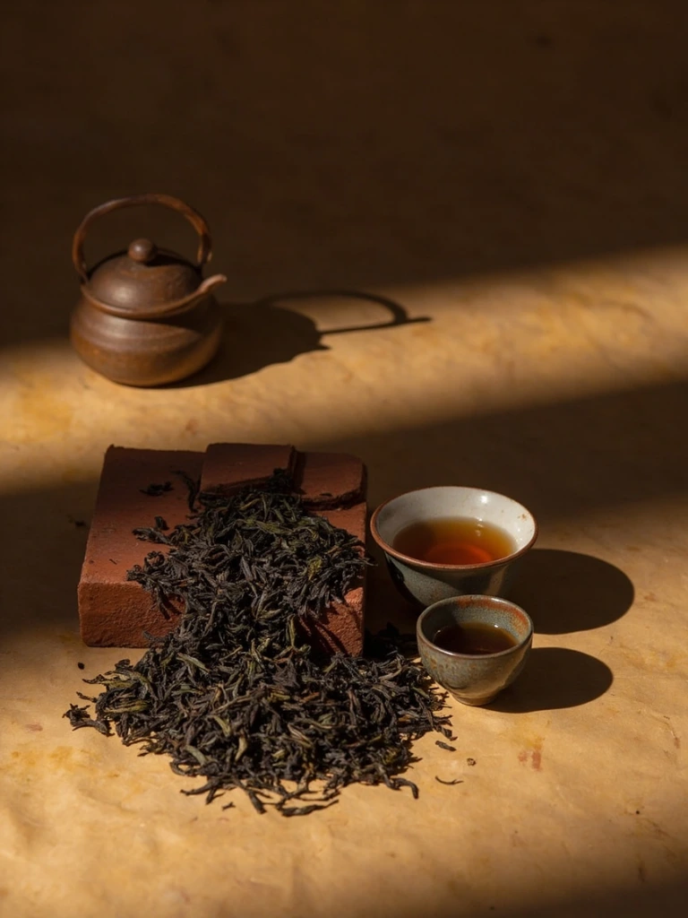 Dark glossy leaves of ripe Shou Pu'er broken from a brick beside a Yixing pot