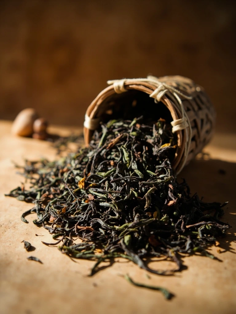 Loose aged Liu Bao dark tea leaves with golden tips in a bamboo basket