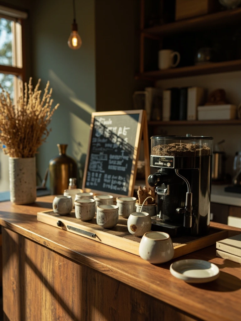 A specialty coffee shop's tea menu beside an espresso bar at dawn.