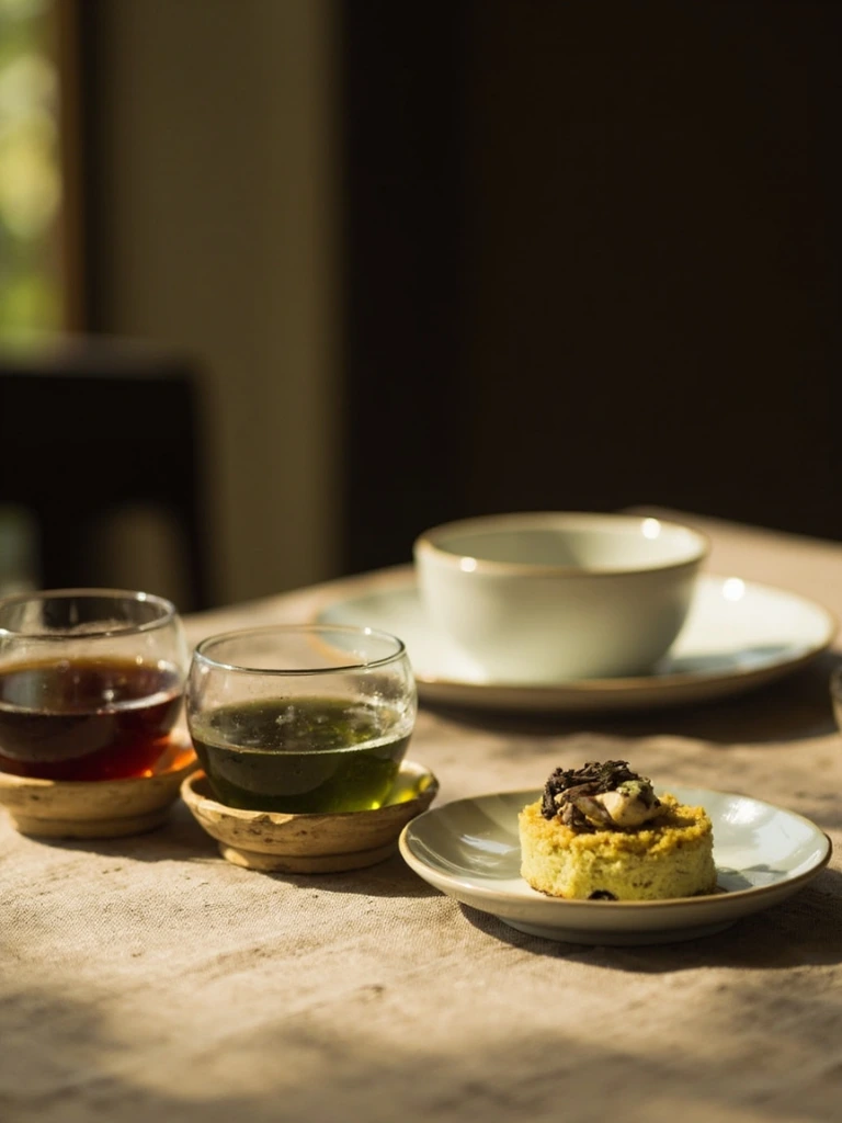 A restaurant's pu'er pairing flight with dessert on a linen table.