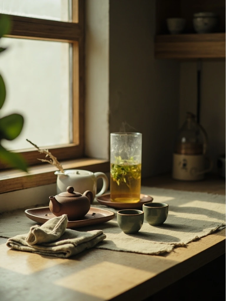 A home brewer's first gongfu session on a kitchen counter at morning.