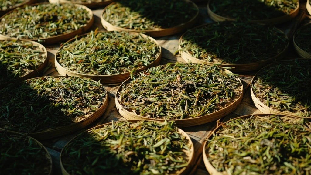 Sun-withering the first-flush leaves on bamboo trays